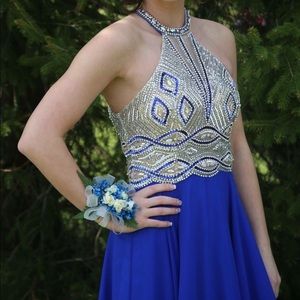 Royal blue high neck prom dress